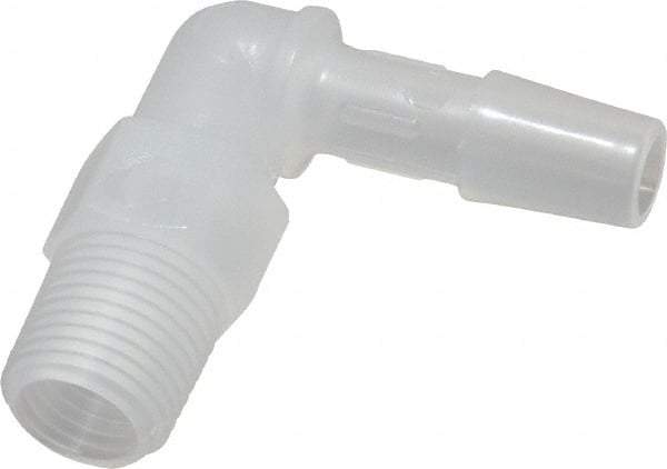 Made in USA - 1/4" Barb, 1/4, Polypropylene Single Barbed Tube Elbow - Natural, Male - Exact Industrial Supply