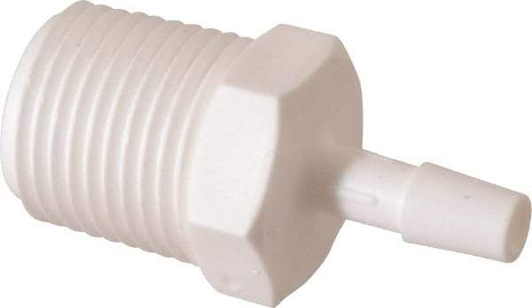 Made in USA - 1/4" Barb, 1/4, Polypropylene Single Barbed Tube Adapter - White, Male - Exact Industrial Supply