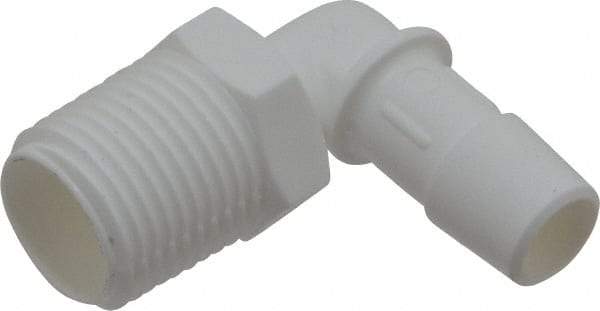 Made in USA - 1/2" Barb, 1/2, Polypropylene Single Barbed Tube Elbow - White, Male - Exact Industrial Supply