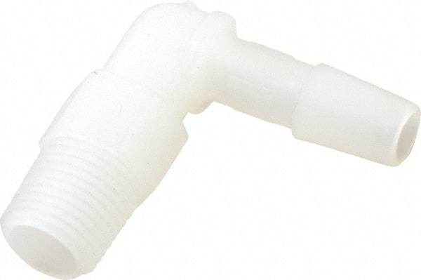 Made in USA - 1/4" Barb, 1/4, Kynar Single Barbed Tube Elbow - Natural, Male - Exact Industrial Supply