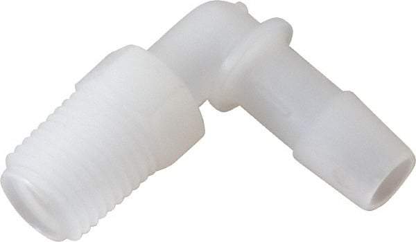Made in USA - 3/8" Barb, 3/8, Kynar Single Barbed Tube Elbow - Natural, Male - Exact Industrial Supply
