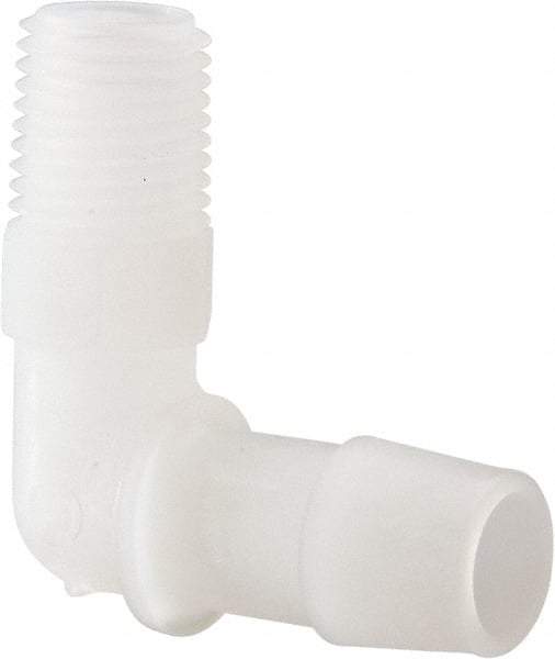 Made in USA - 1/2" Barb, 1/2, Kynar Single Barbed Tube Elbow - Natural, Male - Exact Industrial Supply