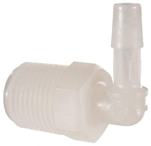 Made in USA - 1/4" Barb, 1/4, Kynar Single Barbed Tube Elbow - Natural, Male - Exact Industrial Supply