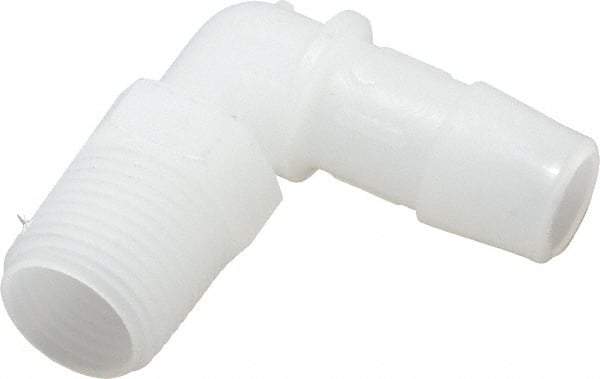Made in USA - 1/2" Barb, 1/2, Kynar Single Barbed Tube Elbow - Natural, Male - Exact Industrial Supply