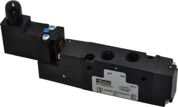 Parker - 1/8", 4-Way Body Ported Stacking Solenoid Valve - 120 VAC, 0.75 CV Rate, Air Return, 2.14" High x 4.67" Long - Exact Industrial Supply