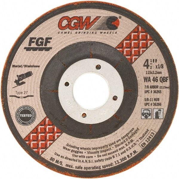 Camel Grinding Wheels - 46 Grit, 4-1/2" Wheel Diam, 1/8" Wheel Thickness, Type 27 Depressed Center Wheel - Medium Grade, Aluminum Oxide, Resinoid Bond, 13,300 Max RPM - Exact Industrial Supply