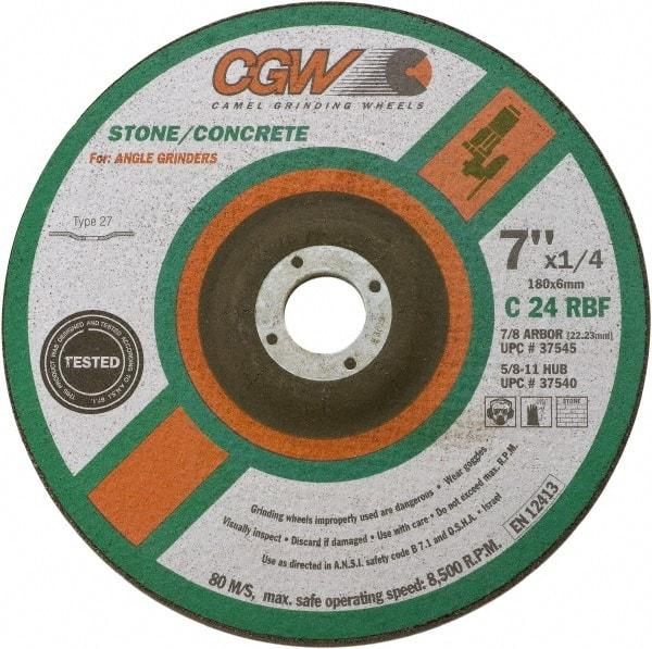 Camel Grinding Wheels - 24 Grit, 9" Wheel Diam, 1/4" Wheel Thickness, Type 27 Depressed Center Wheel - Coarse Grade, Silicon Carbide, Resinoid Bond, 6,650 Max RPM - Exact Industrial Supply