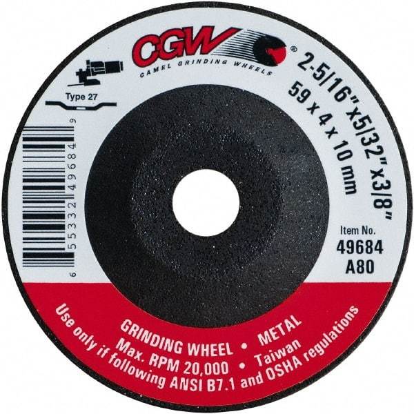 Camel Grinding Wheels - 80 Grit, 2-5/16" Wheel Diam, 5/32" Wheel Thickness, 3/8" Arbor Hole, Type 27 Depressed Center Wheel - Medium Grade, Aluminum Oxide, Resinoid Bond, 20,000 Max RPM - Exact Industrial Supply