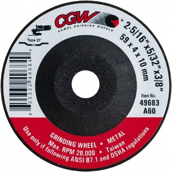 Camel Grinding Wheels - 60 Grit, 2-5/16" Wheel Diam, 5/32" Wheel Thickness, 3/8" Arbor Hole, Type 27 Depressed Center Wheel - Medium Grade, Aluminum Oxide, Resinoid Bond, 20,000 Max RPM - Exact Industrial Supply
