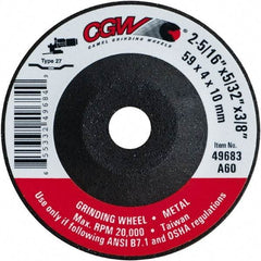 Camel Grinding Wheels - 60 Grit, 2-5/16" Wheel Diam, 5/32" Wheel Thickness, 3/8" Arbor Hole, Type 27 Depressed Center Wheel - Medium Grade, Aluminum Oxide, Resinoid Bond, 20,000 Max RPM - Exact Industrial Supply