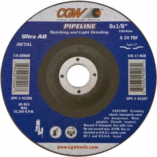 Camel Grinding Wheels - 24 Grit, 6" Wheel Diam, 1/8" Wheel Thickness, 7/8" Arbor Hole, Type 27 Depressed Center Wheel - Coarse Grade, Aluminum Oxide, Resinoid Bond, 10,200 Max RPM - Exact Industrial Supply