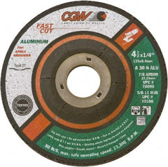 Camel Grinding Wheels - 30 Grit, 5" Wheel Diam, 1/4" Wheel Thickness, 7/8" Arbor Hole, Type 27 Depressed Center Wheel - Medium Grade, Aluminum Oxide, Resinoid Bond, 12,250 Max RPM - Exact Industrial Supply