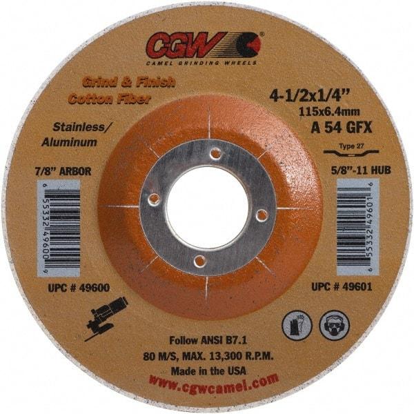 Camel Grinding Wheels - 54 Grit, 4-1/2" Wheel Diam, 1/4" Wheel Thickness, 7/8" Arbor Hole, Type 27 Depressed Center Wheel - Medium Grade, Aluminum Oxide, 13,300 Max RPM - Exact Industrial Supply