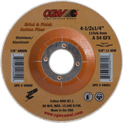Camel Grinding Wheels - 54 Grit, 4-1/2" Wheel Diam, 1/4" Wheel Thickness, 7/8" Arbor Hole, Type 27 Depressed Center Wheel - Medium Grade, Aluminum Oxide, 13,300 Max RPM - Exact Industrial Supply