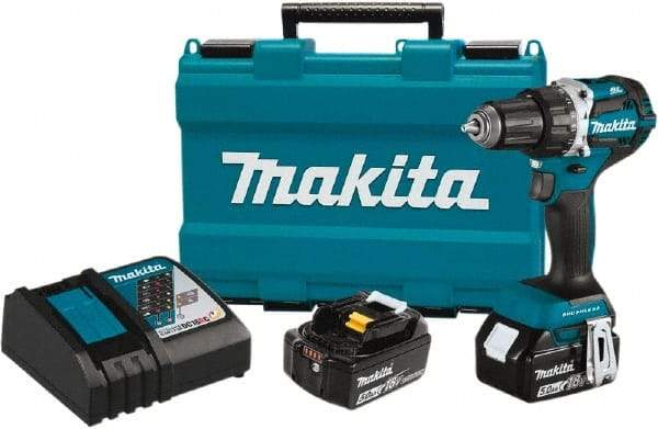 Makita - 18 Volt 1/2" Chuck Pistol Grip Handle Cordless Drill - 0-2000 RPM, Reversible, 2 Lithium-Ion Batteries Included - Exact Industrial Supply