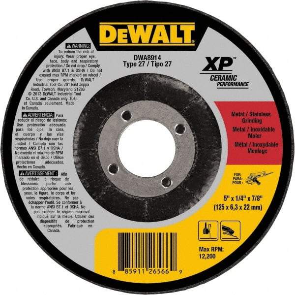 DeWALT - 5" Wheel Diam, 1/4" Wheel Thickness, 7/8" Arbor Hole, Type 27 Depressed Center Wheel - Medium Grade, Ceramic, 12,200 Max RPM - Exact Industrial Supply