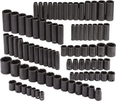 Proto - 86 Piece 3/8" & 1/2" Drive Black Finish Deep Well Impact Socket Set - 6 Points, 5/16" to 1-1/4" (9mm to 27mm) Range, Inch/Metric Measurement Standard - Exact Industrial Supply