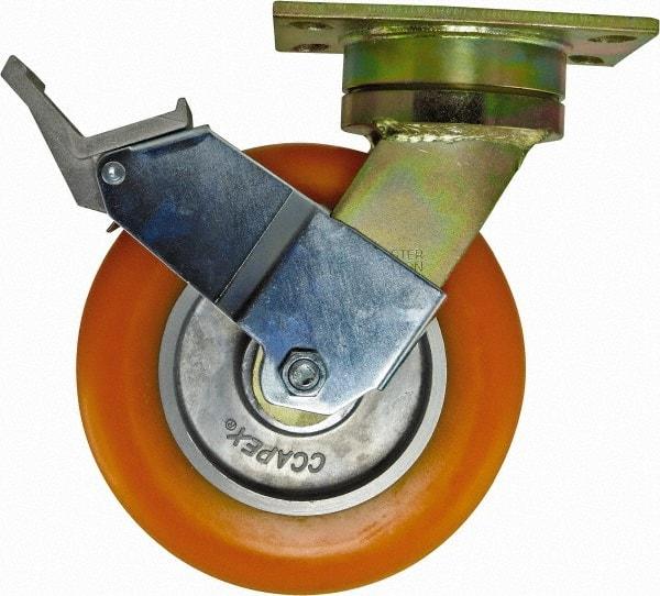 Caster Connection - 8" Diam x 2" Wide x 10-1/8" OAH Top Plate Mount Swivel Caster with Brake - Polyurethane, 1,200 Lb Capacity, Sealed Precision Ball Bearing, 4-1/2 x 6-1/4" Plate - Exact Industrial Supply