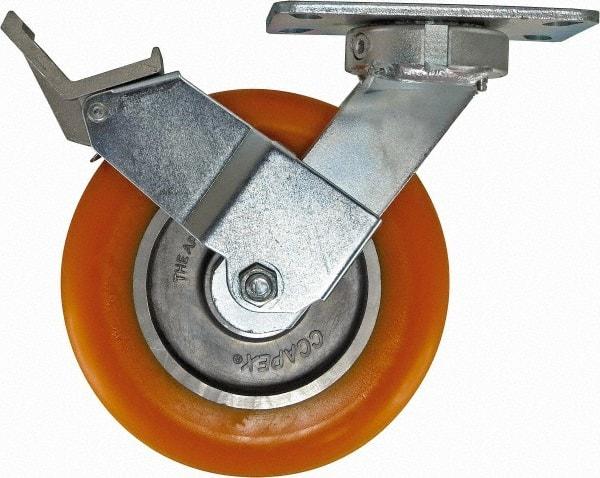 Caster Connection - 8" Diam x 2" Wide x 9-1/2" OAH Top Plate Mount Swivel Caster with Brake - Polyurethane, 1,200 Lb Capacity, Sealed Precision Ball Bearing, 4-1/2 x 6-1/4" Plate - Exact Industrial Supply