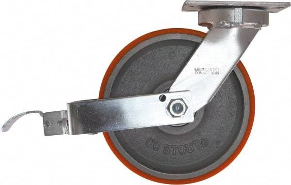 Caster Connection - 10" Diam x 3" Wide x 11-1/2" OAH Top Plate Mount Swivel Caster with Brake - Polyurethane, 2,750 Lb Capacity, Sealed Precision Ball Bearing, 4-1/2 x 6-1/4" Plate - Exact Industrial Supply