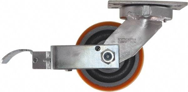 Caster Connection - 6" Diam x 3" Wide x 7-1/2" OAH Top Plate Mount Swivel Caster with Brake - Polyurethane, 2,300 Lb Capacity, Sealed Precision Ball Bearing, 4-1/2 x 6-1/4" Plate - Exact Industrial Supply