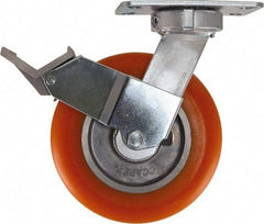 Caster Connection - 8" Diam x 2" Wide x 10-1/8" OAH Top Plate Mount Swivel Caster with Brake - Polyurethane, 1,200 Lb Capacity, Sealed Precision Ball Bearing, 4-1/2 x 6-1/4" Plate - Exact Industrial Supply