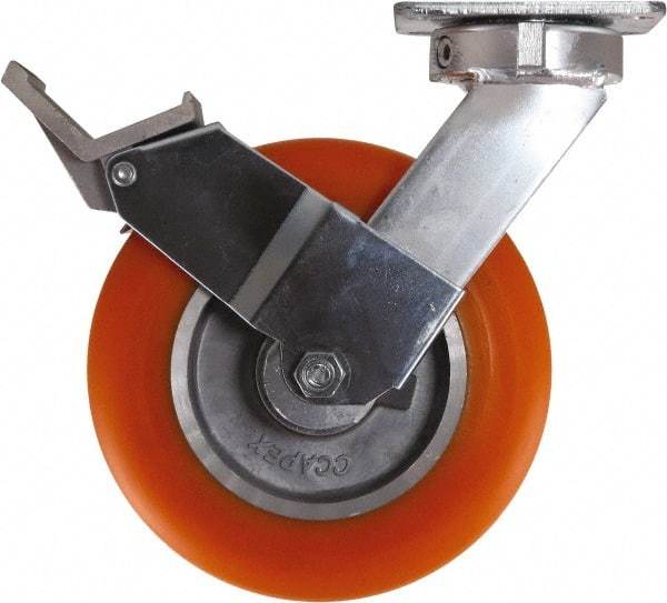 Caster Connection - 8" Diam x 2" Wide x 10-1/8" OAH Top Plate Mount Swivel Caster with Brake - Polyurethane, 1,200 Lb Capacity, Sealed Precision Ball Bearing, 4 x 4-1/2" Plate - Exact Industrial Supply