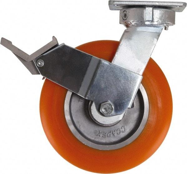 Caster Connection - 8" Diam x 2" Wide x 10-1/8" OAH Top Plate Mount Swivel Caster with Brake - Polyurethane, 1,200 Lb Capacity, Sealed Precision Ball Bearing, 4 x 4-1/2" Plate - Exact Industrial Supply