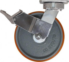 Caster Connection - 8" Diam x 2" Wide x 9-1/2" OAH Top Plate Mount Swivel Caster with Brake - Polyurethane, 1,500 Lb Capacity, Sealed Precision Ball Bearing, 4 x 4-1/2" Plate - Exact Industrial Supply