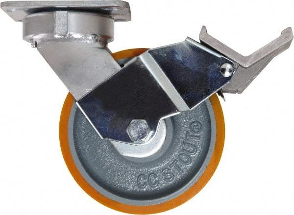 Caster Connection - 6" Diam x 2" Wide x 7-1/2" OAH Top Plate Mount Swivel Caster with Brake - Polyurethane, 1,250 Lb Capacity, Sealed Precision Ball Bearing, 4 x 4-1/2" Plate - Exact Industrial Supply