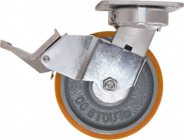 Caster Connection - 6" Diam x 2" Wide x 7-1/2" OAH Top Plate Mount Swivel Caster with Brake - Polyurethane, 1,250 Lb Capacity, Sealed Precision Ball Bearing, 4 x 4-1/2" Plate - Exact Industrial Supply