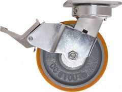 Caster Connection - 6" Diam x 2" Wide x 7-1/2" OAH Top Plate Mount Swivel Caster with Brake - Polyurethane, 1,250 Lb Capacity, Sealed Precision Ball Bearing, 4 x 4-1/2" Plate - Exact Industrial Supply