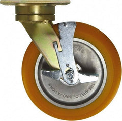 Caster Connection - 10" Diam x 2" Wide x 12" OAH Top Plate Mount Swivel Caster with Brake - Polyurethane, 1,500 Lb Capacity, Sealed Precision Ball Bearing, 4-1/2 x 6-1/4" Plate - Exact Industrial Supply