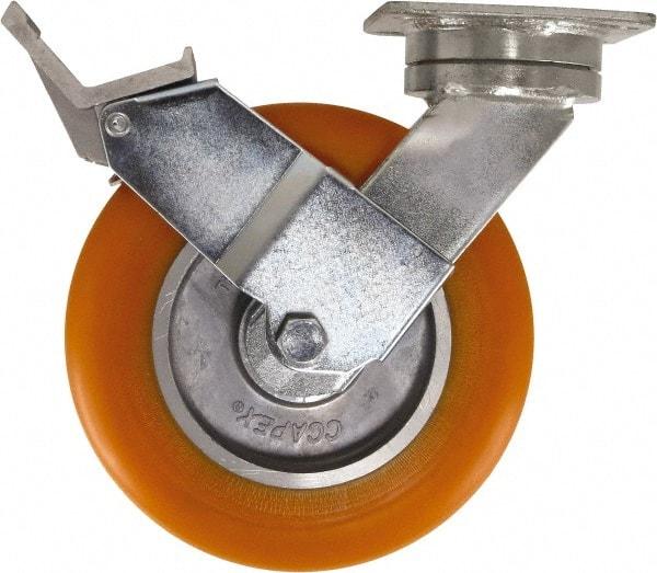 Caster Connection - 8" Diam x 2" Wide x 9-1/2" OAH Top Plate Mount Swivel Caster with Brake - Polyurethane, 1,200 Lb Capacity, Sealed Precision Ball Bearing, 4 x 4-1/2" Plate - Exact Industrial Supply