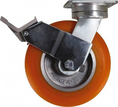 Caster Connection - 8" Diam x 2" Wide x 9-1/2" OAH Top Plate Mount Swivel Caster with Brake - Polyurethane, 1,200 Lb Capacity, Sealed Precision Ball Bearing, 4 x 4-1/2" Plate - Exact Industrial Supply