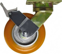 Caster Connection - 8" Diam x 1-1/4" Wide x 10-1/8" OAH Top Plate Mount Swivel Caster with Brake - Polyurethane, 1,200 Lb Capacity, Sealed Precision Ball Bearing, 4-1/2 x 6-1/4" Plate - Exact Industrial Supply