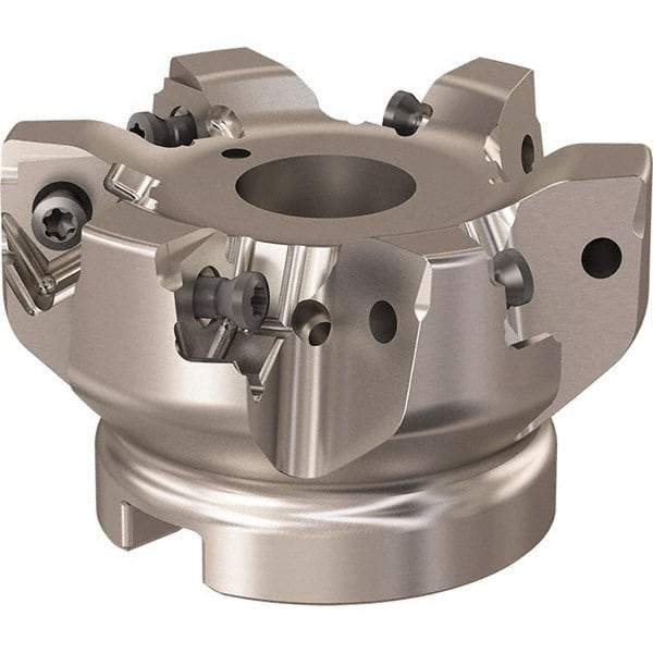 Seco - 6 Inserts, 66mm Cut Diam, 22mm Arbor Diam, 7.5mm Max Depth of Cut, Indexable Square-Shoulder Face Mill - 90° Lead Angle, 40mm High, XNEX 08 Insert Compatibility, Through Coolant, Series R220.96 - Exact Industrial Supply