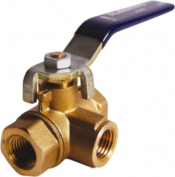 Legend Valve - 3/8" Pipe, Large Port, Brass Diverter Ball Valve - Inline - Three Way Flow, FIPT x FIPT x FIPT Ends, Lever Handle, 600 WOG, 150 WSP - Exact Industrial Supply
