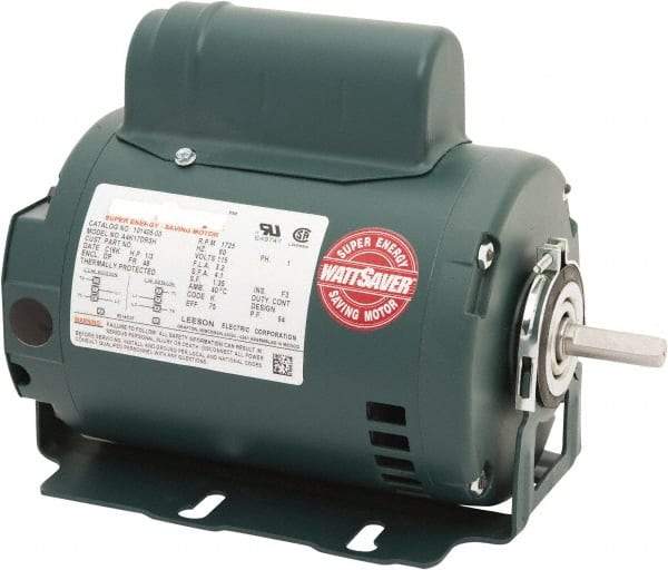 Leeson - 1/3 Max hp, 1,800 Max RPM, Premium Efficient Electric AC DC Motor - 115 V Input, Single Phase, 48 Frame, 1/2" Shaft Diam, Resilient Base Mount, ODP Enclosure - Exact Industrial Supply