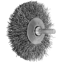 Wheel Brush: 3″ Wheel Dia, 3/8″ Face Width, 0.014″ Wire Dia, Crimped 2″ Hole, Stainless Steel, 20,000 RPM