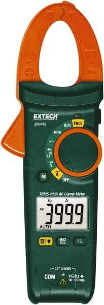 Extech - MA443, CAT III, Digital True RMS Auto Ranging Clamp Meter with 1.18" Clamp On Jaws - 600 VAC/VDC, 400 AC Amps, Measures Voltage, Capacitance, Continuity, Current, Frequency, Resistance, Temperature - Exact Industrial Supply