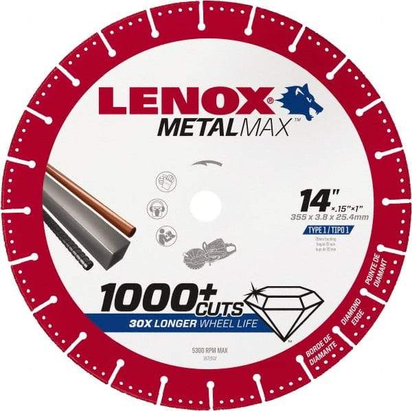 Lenox - 14" 25/30 Grit Diamond Cutoff Wheel - 0.15" Thick, 1" Arbor, 5,300 Max RPM, Use with Gas Powered Saws - Exact Industrial Supply