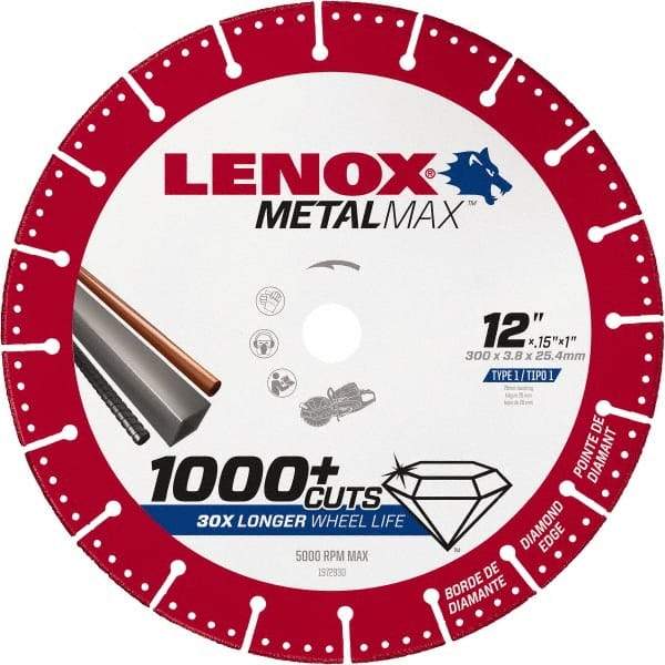 Lenox - 12" 25/30 Grit Diamond Cutoff Wheel - 0.126" Thick, 1" Arbor, 5,000 Max RPM, Use with Gas Powered Saws - Exact Industrial Supply