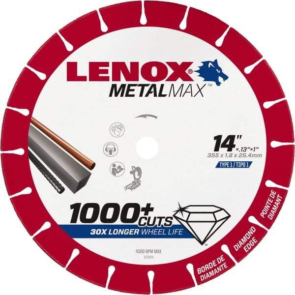 Lenox - 14" 25/30 Grit Diamond Cutoff Wheel - 0.13" Thick, 1" Arbor, 4,300 Max RPM, Use with Stationary Tools - Exact Industrial Supply