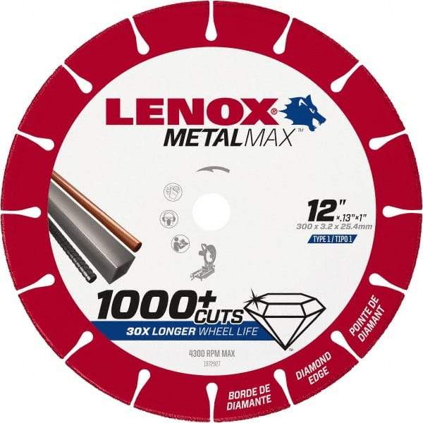 Lenox - 12" 25/30 Grit Diamond Cutoff Wheel - 0.126" Thick, 1" Arbor, 4,300 Max RPM, Use with Stationary Tools - Exact Industrial Supply