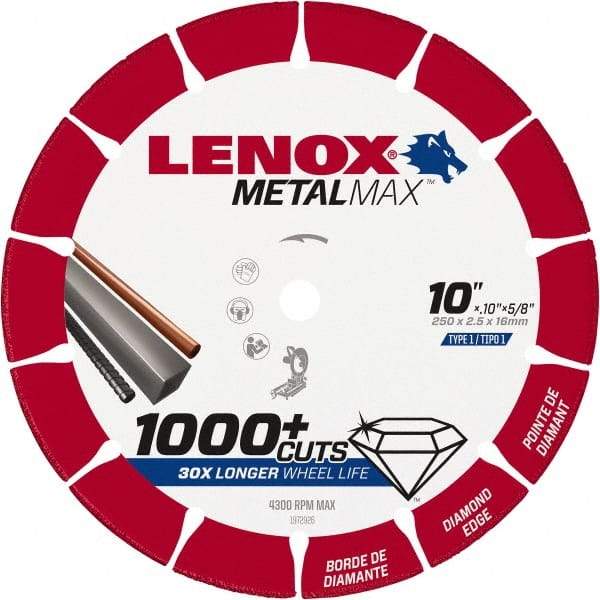 Lenox - 10" 25/30 Grit Diamond Cutoff Wheel - 0.114" Thick, 5/8" Arbor, 4,300 Max RPM, Use with Stationary Tools - Exact Industrial Supply