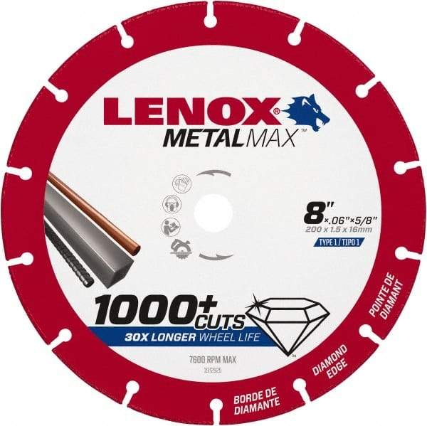 Lenox - 8" 40/50 Grit Diamond Cutoff Wheel - 0.06" Thick, 5/8" Arbor, 7,600 Max RPM, Use with Circular Saws - Exact Industrial Supply