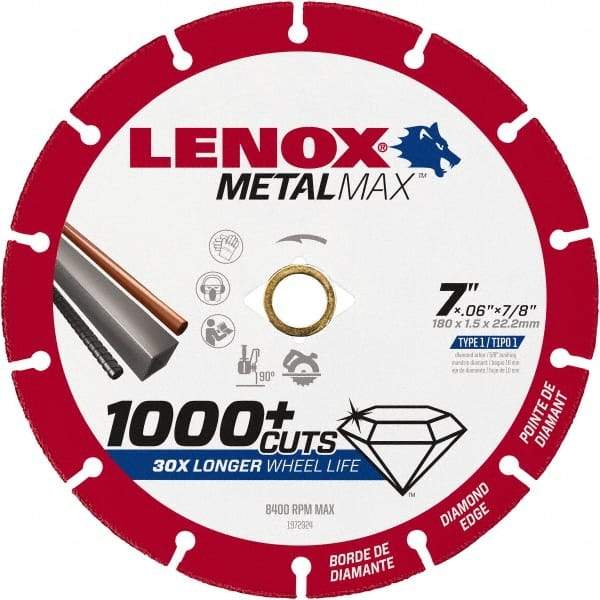 Lenox - 7" 40/50 Grit Diamond Cutoff Wheel - 0.06" Thick, 7/8" Arbor, 8,400 Max RPM, Use with Angle Grinders - Exact Industrial Supply