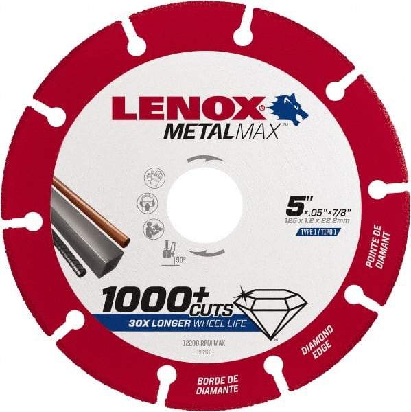 Lenox - 5" 40/50 Grit Diamond Cutoff Wheel - 0.05" Thick, 7/8" Arbor, 12,200 Max RPM, Use with Angle Grinders - Exact Industrial Supply