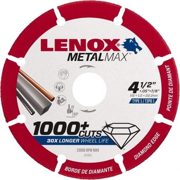 Lenox - 4-1/2" 40/50 Grit Diamond Cutoff Wheel - 0.05" Thick, 7/8" Arbor, 13,200 Max RPM, Use with Angle Grinders - Exact Industrial Supply
